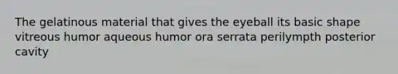 The gelatinous material that gives the eyeball its basic shape vitreous humor aqueous humor ora serrata perilympth posterior cavity