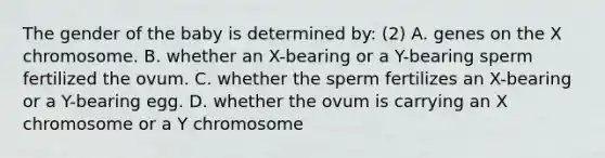 The gender of the baby is determined by: (2) A. genes on the X chromosome. B. whether an X-bearing or a Y-bearing sperm fertilized the ovum. C. whether the sperm fertilizes an X-bearing or a Y-bearing egg. D. whether the ovum is carrying an X chromosome or a Y chromosome