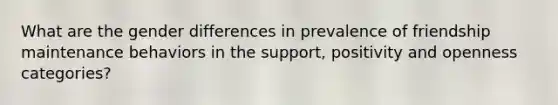 What are the gender differences in prevalence of friendship maintenance behaviors in the support, positivity and openness categories?