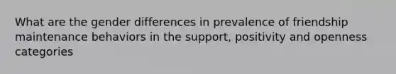 What are the gender differences in prevalence of friendship maintenance behaviors in the support, positivity and openness categories