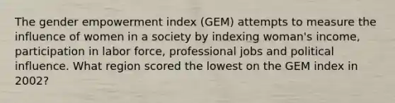 The gender empowerment index (GEM) attempts to measure the influence of women in a society by indexing woman's income, participation in labor force, professional jobs and political influence. What region scored the lowest on the GEM index in 2002?