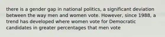 there is a gender gap in national politics, a significant deviation between the way men and women vote. However, since 1988, a trend has developed where women vote for Democratic candidates in greater percentages that men vote