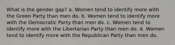 What is the gender gap? a. Women tend to identify more with the Green Party than men do. b. Women tend to identify more with the Democratic Party than men do. c. Women tend to identify more with the Libertarian Party than men do. d. Women tend to identify more with the Republican Party than men do.