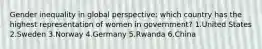 Gender inequality in global perspective: which country has the highest representation of women in government? 1.United States 2.Sweden 3.Norway 4.Germany 5.Rwanda 6.China