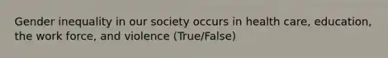 Gender inequality in our society occurs in health care, education, the work force, and violence (True/False)