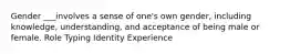 Gender ___involves a sense of one's own gender, including knowledge, understanding, and acceptance of being male or female. Role Typing Identity Experience