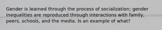 Gender is learned through the process of socialization; gender inequalities are reproduced through interactions with family, peers, schools, and the media. Is an example of what?
