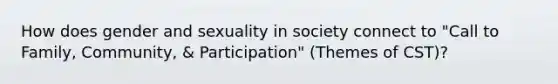 How does gender and sexuality in society connect to "Call to Family, Community, & Participation" (Themes of CST)?