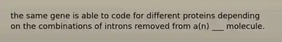 the same gene is able to code for different proteins depending on the combinations of introns removed from a(n) ___ molecule.