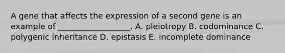 A gene that affects the expression of a second gene is an example of __________________. A. pleiotropy B. codominance C. polygenic inheritance D. epistasis E. incomplete dominance