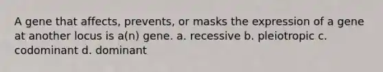 A gene that affects, prevents, or masks the expression of a gene at another locus is a(n) gene. a. recessive b. pleiotropic c. codominant d. dominant