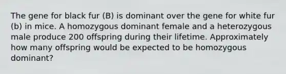 The gene for black fur (B) is dominant over the gene for white fur (b) in mice. A homozygous dominant female and a heterozygous male produce 200 offspring during their lifetime. Approximately how many offspring would be expected to be homozygous dominant?