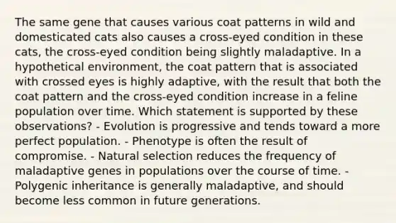 The same gene that causes various coat patterns in wild and domesticated cats also causes a cross-eyed condition in these cats, the cross-eyed condition being slightly maladaptive. In a hypothetical environment, the coat pattern that is associated with crossed eyes is highly adaptive, with the result that both the coat pattern and the cross-eyed condition increase in a feline population over time. Which statement is supported by these observations? - Evolution is progressive and tends toward a more perfect population. - Phenotype is often the result of compromise. - Natural selection reduces the frequency of maladaptive genes in populations over the course of time. - Polygenic inheritance is generally maladaptive, and should become less common in future generations.