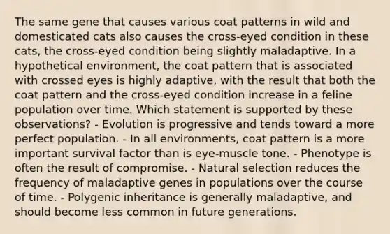 The same gene that causes various coat patterns in wild and domesticated cats also causes the cross-eyed condition in these cats, the cross-eyed condition being slightly maladaptive. In a hypothetical environment, the coat pattern that is associated with crossed eyes is highly adaptive, with the result that both the coat pattern and the cross-eyed condition increase in a feline population over time. Which statement is supported by these observations? - Evolution is progressive and tends toward a more perfect population. - In all environments, coat pattern is a more important survival factor than is eye-muscle tone. - Phenotype is often the result of compromise. - Natural selection reduces the frequency of maladaptive genes in populations over the course of time. - Polygenic inheritance is generally maladaptive, and should become less common in future generations.