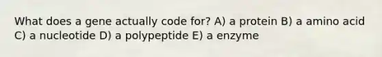 What does a gene actually code for? A) a protein B) a amino acid C) a nucleotide D) a polypeptide E) a enzyme