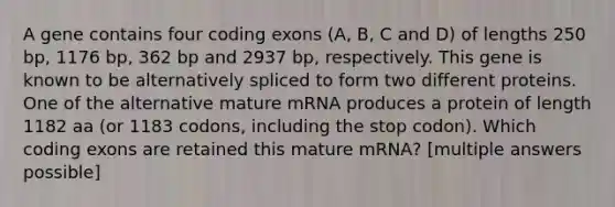 A gene contains four coding exons (A, B, C and D) of lengths 250 bp, 1176 bp, 362 bp and 2937 bp, respectively. This gene is known to be alternatively spliced to form two different proteins. One of the alternative mature mRNA produces a protein of length 1182 aa (or 1183 codons, including the stop codon). Which coding exons are retained this mature mRNA? [multiple answers possible]