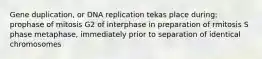 Gene duplication, or DNA replication tekas place during: prophase of mitosis G2 of interphase in preparation of rmitosis S phase metaphase, immediately prior to separation of identical chromosomes