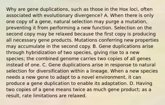 Why are gene duplications, such as those in the Hox loci, often associated with evolutionary divergence? A. When there is only one copy of a gene, natural selection may purge a mutation, preventing it from performing a new function. Selection on the second copy may be relaxed because the first copy is producing all necessary gene products. Mutations conferring new properties may accumulate in the second copy. B. Gene duplications arise through hybridization of two species, giving rise to a new species; the combined genome carries two copies of all genes instead of one. C. Gene duplications arise in response to natural selection for diversification within a lineage. When a new species needs a new gene to adapt to a novel environment, it can produce a gene duplication to enable its adaptation. D. Having two copies of a gene means twice as much gene product; as a result, rate limitations are relaxed.