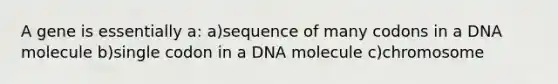 A gene is essentially a: a)sequence of many codons in a DNA molecule b)single codon in a DNA molecule c)chromosome