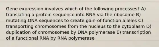 Gene expression involves which of the following processes? A) translating a protein sequence into RNA via the ribosome B) mutating DNA sequences to create gain-of-function alleles C) transporting chromosomes from the nucleus to the cytoplasm D) duplication of chromosomes by DNA polymerase E) transcription of a functional RNA by RNA polymerase