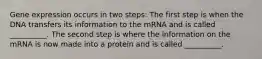 Gene expression occurs in two steps: The first step is when the DNA transfers its information to the mRNA and is called __________. The second step is where the information on the mRNA is now made into a protein and is called __________.