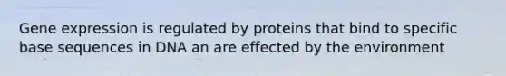 Gene expression is regulated by proteins that bind to specific base sequences in DNA an are effected by the environment