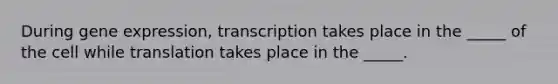 During <a href='https://www.questionai.com/knowledge/kFtiqWOIJT-gene-expression' class='anchor-knowledge'>gene expression</a>, transcription takes place in the _____ of the cell while translation takes place in the _____.