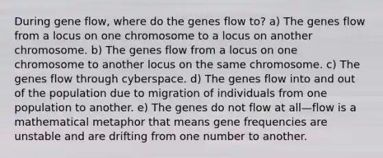 During gene flow, where do the genes flow to? a) The genes flow from a locus on one chromosome to a locus on another chromosome. b) The genes flow from a locus on one chromosome to another locus on the same chromosome. c) The genes flow through cyberspace. d) The genes flow into and out of the population due to migration of individuals from one population to another. e) The genes do not flow at all—flow is a mathematical metaphor that means gene frequencies are unstable and are drifting from one number to another.