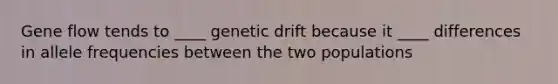 Gene flow tends to ____ genetic drift because it ____ differences in allele frequencies between the two populations