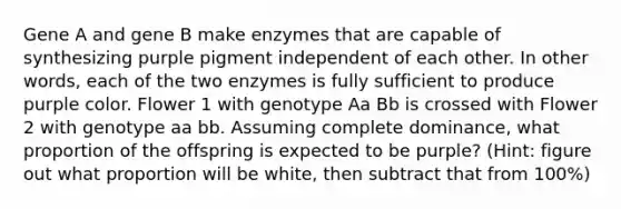 Gene A and gene B make enzymes that are capable of synthesizing purple pigment independent of each other. In other words, each of the two enzymes is fully sufficient to produce purple color. Flower 1 with genotype Aa Bb is crossed with Flower 2 with genotype aa bb. Assuming complete dominance, what proportion of the offspring is expected to be purple? (Hint: figure out what proportion will be white, then subtract that from 100%)