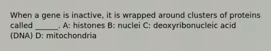 When a gene is inactive, it is wrapped around clusters of proteins called ______. A: histones B: nuclei C: deoxyribonucleic acid (DNA) D: mitochondria