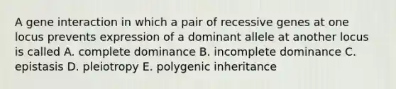 A gene interaction in which a pair of recessive genes at one locus prevents expression of a dominant allele at another locus is called A. complete dominance B. incomplete dominance C. epistasis D. pleiotropy E. polygenic inheritance