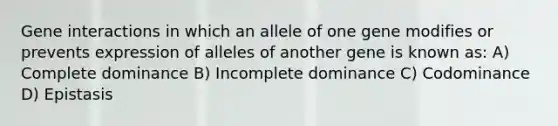 Gene interactions in which an allele of one gene modifies or prevents expression of alleles of another gene is known as: A) Complete dominance B) Incomplete dominance C) Codominance D) Epistasis