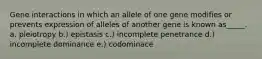 Gene interactions in which an allele of one gene modifies or prevents expression of alleles of another gene is known as_____. a. pleiotropy b.) epistasis c.) incomplete penetrance d.) incomplete dominance e.) codominace