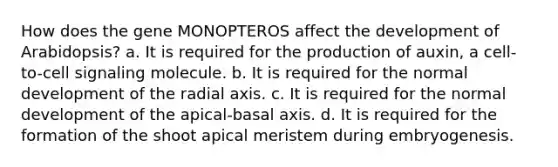 How does the gene MONOPTEROS affect the development of Arabidopsis? a. It is required for the production of auxin, a cell-to-cell signaling molecule. b. It is required for the normal development of the radial axis. c. It is required for the normal development of the apical-basal axis. d. It is required for the formation of the shoot apical meristem during embryogenesis.