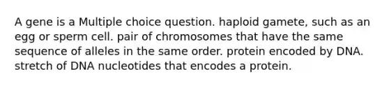 A gene is a Multiple choice question. haploid gamete, such as an egg or sperm cell. pair of chromosomes that have the same sequence of alleles in the same order. protein encoded by DNA. stretch of DNA nucleotides that encodes a protein.