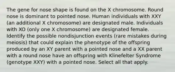 The gene for nose shape is found on the X chromosome. Round nose is dominant to pointed nose. Human individuals with XXY (an additional X chromosome) are designated male. Individuals with XO (only one X chromosome) are designated female. Identify the possible nondisjunction events (rare mistakes during meiosis) that could explain the phenotype of the offspring produced by an XY parent with a pointed nose and a XX parent with a round nose have an offspring with Klinefelter Syndrome (genotype XXY) with a pointed nose. Select all that apply.