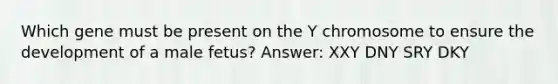 Which gene must be present on the Y chromosome to ensure the development of a male fetus? Answer: XXY DNY SRY DKY