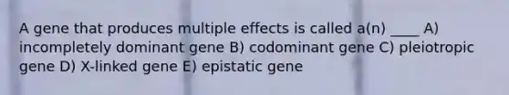 A gene that produces multiple effects is called a(n) ____ A) incompletely dominant gene B) codominant gene C) pleiotropic gene D) X-linked gene E) epistatic gene