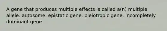 ​A gene that produces multiple effects is called a(n) ​multiple allele. ​autosome. ​epistatic gene. ​pleiotropic gene. ​incompletely dominant gene.