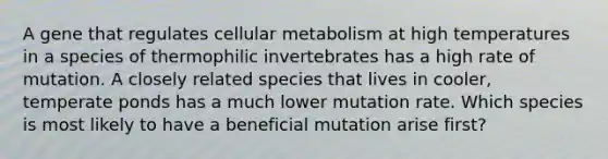 A gene that regulates cellular metabolism at high temperatures in a species of thermophilic invertebrates has a high rate of mutation. A closely related species that lives in cooler, temperate ponds has a much lower mutation rate. Which species is most likely to have a beneficial mutation arise first?