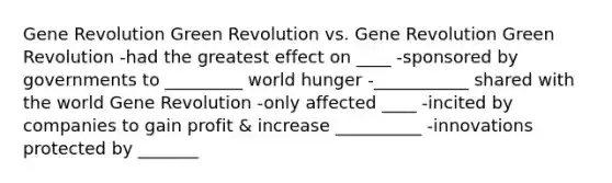 Gene Revolution Green Revolution vs. Gene Revolution Green Revolution -had the greatest effect on ____ -sponsored by governments to _________ world hunger -___________ shared with the world Gene Revolution -only affected ____ -incited by companies to gain profit & increase __________ -innovations protected by _______