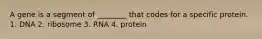 A gene is a segment of ________ that codes for a specific protein. 1. DNA 2. ribosome 3. RNA 4. protein