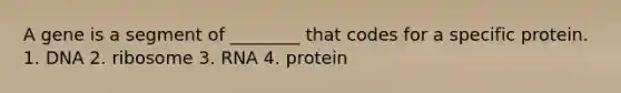 A gene is a segment of ________ that codes for a specific protein. 1. DNA 2. ribosome 3. RNA 4. protein