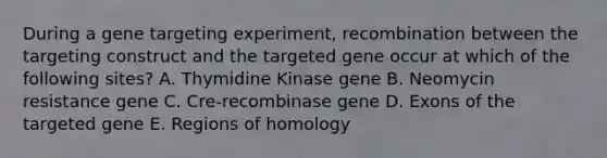 During a gene targeting experiment, recombination between the targeting construct and the targeted gene occur at which of the following sites? A. Thymidine Kinase gene B. Neomycin resistance gene C. Cre-recombinase gene D. Exons of the targeted gene E. Regions of homology