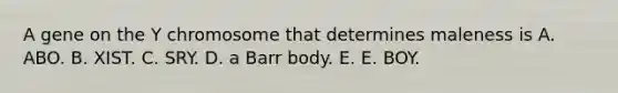 A gene on the Y chromosome that determines maleness is A. ABO. B. XIST. C. SRY. D. a Barr body. E. E. BOY.