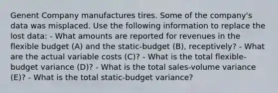 Genent Company manufactures tires. Some of the company's data was misplaced. Use the following information to replace the lost data: - What amounts are reported for revenues in the flexible budget (A) and the static-budget (B), receptively? - What are the actual variable costs (C)? - What is the total flexible-budget variance (D)? - What is the total sales-volume variance (E)? - What is the total static-budget variance?