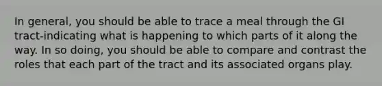 In general, you should be able to trace a meal through the GI tract-indicating what is happening to which parts of it along the way. In so doing, you should be able to compare and contrast the roles that each part of the tract and its associated organs play.