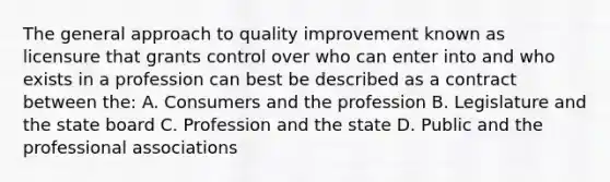 The general approach to quality improvement known as licensure that grants control over who can enter into and who exists in a profession can best be described as a contract between the: A. Consumers and the profession B. Legislature and the state board C. Profession and the state D. Public and the professional associations