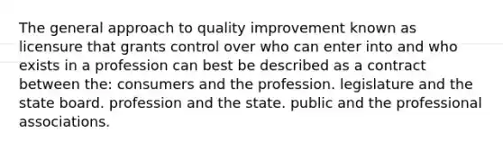 The general approach to quality improvement known as licensure that grants control over who can enter into and who exists in a profession can best be described as a contract between the: consumers and the profession. legislature and the state board. profession and the state. public and the professional associations.